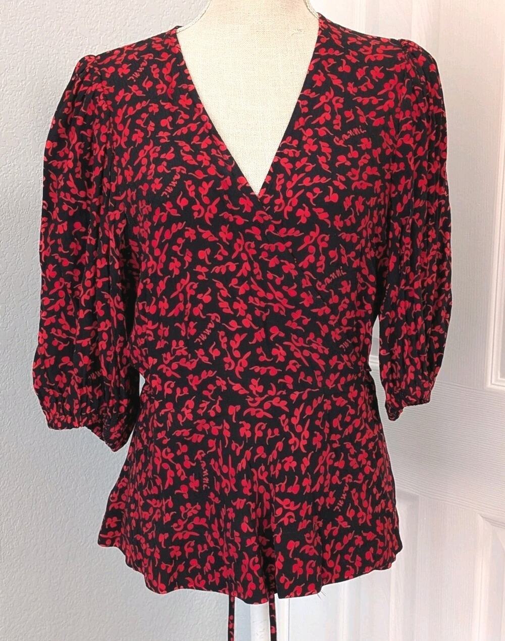 GANNI Floral Crepe Wrap Blouse Red Black Size 42 (Large) Tie Top Logo